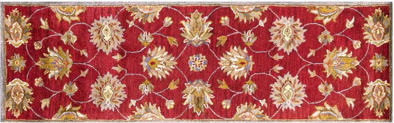 Red Floral Vines Bordered Wool Runner Rug Photo 2