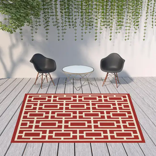 Red Geometric Stain Resistant Indoor Outdoor Area Rug Photo 2