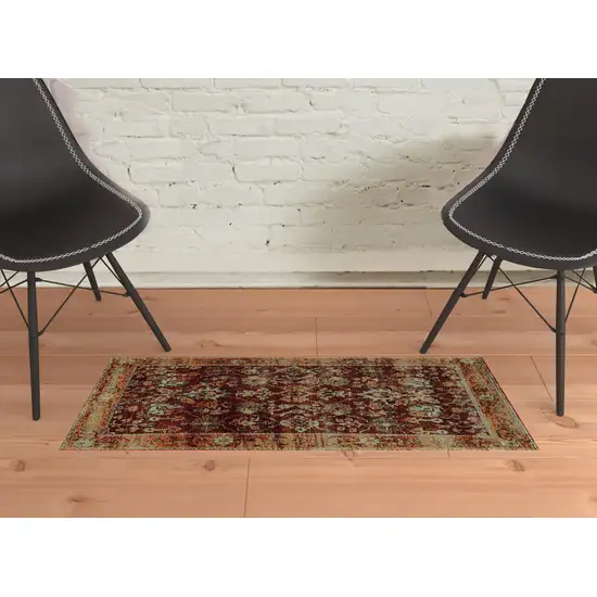 Red Gold And Green Oriental Power Loom Stain Resistant Area Rug Photo 2