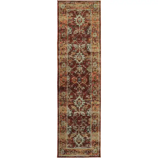 Red Gold And Green Oriental Power Loom Stain Resistant Runner Rug Photo 1