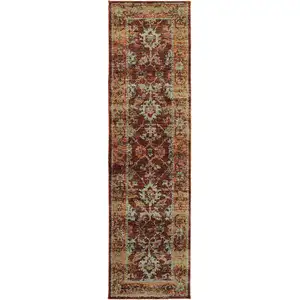 Photo of Red Gold And Green Oriental Power Loom Stain Resistant Runner Rug