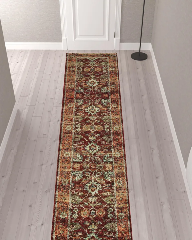 Red Gold And Green Oriental Power Loom Stain Resistant Runner Rug Photo 2