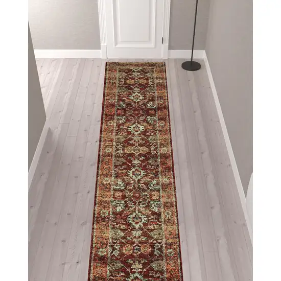 Red Gold And Green Oriental Power Loom Stain Resistant Runner Rug Photo 2