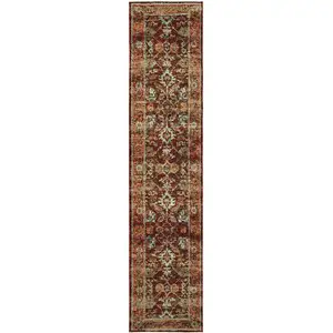 Photo of Red Gold And Green Oriental Power Loom Stain Resistant Runner Rug