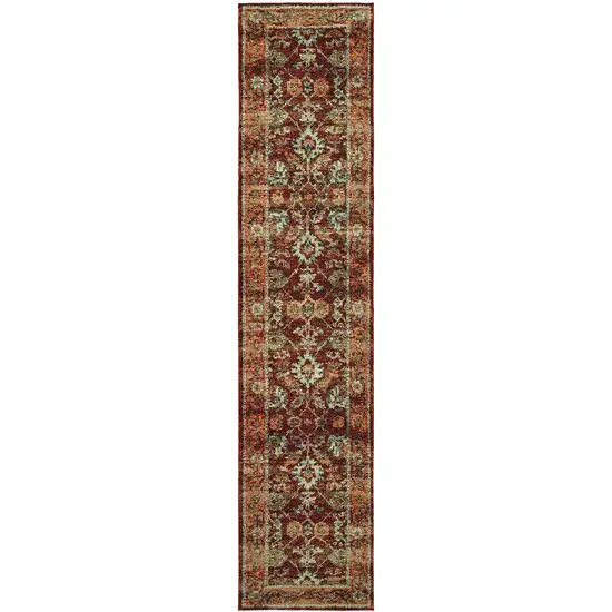 Red Gold And Green Oriental Power Loom Stain Resistant Runner Rug Photo 1