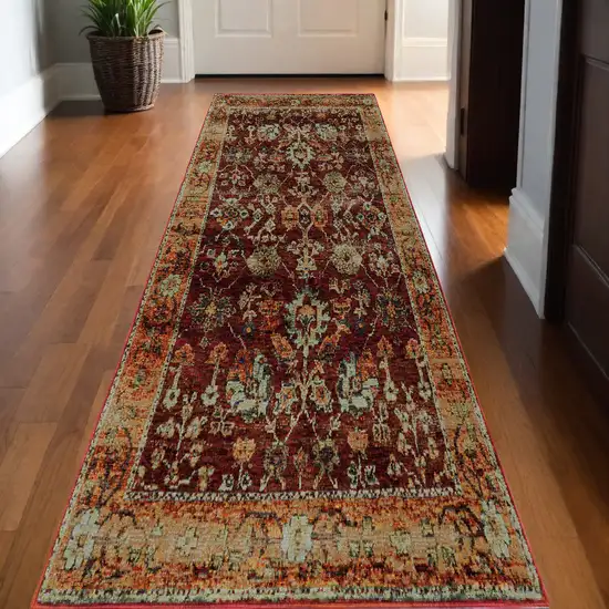 12' Runner Red Gold and Green Oriental Power Loom Runner Rug Photo 1