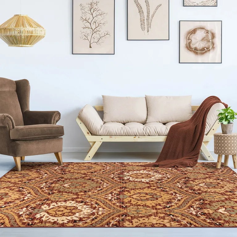 Red Gold And Olive Floral Stain Resistant Area Rug Photo 2