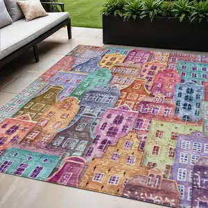 Photo of Red Gold And Teal Blue Village Houses Washable Indoor Outdoor Area Rug