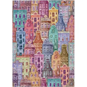 Photo of Red Gold And Teal Blue Village Houses Washable Indoor Outdoor Area Rug