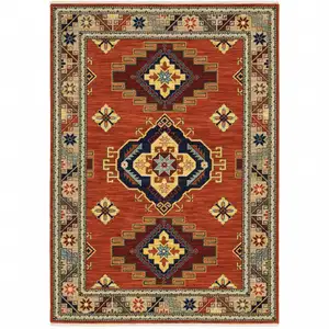 Photo of Red Gold Blue Brown Oriental Power Loom Stain Resistant Area Rug With Fringe