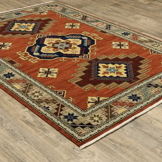 Red Gold Blue Brown Oriental Power Loom Stain Resistant Area Rug With Fringe Photo 6