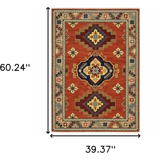 Red Gold Blue Brown Oriental Power Loom Stain Resistant Area Rug With Fringe Photo 8