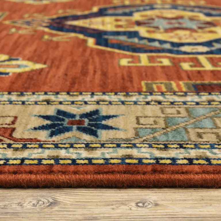 Red Gold Blue Brown Oriental Power Loom Stain Resistant Area Rug With Fringe Photo 3