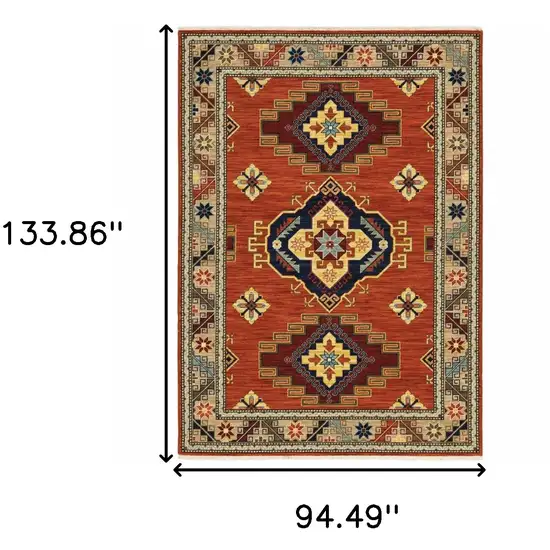 Red Gold Blue Brown Oriental Power Loom Stain Resistant Area Rug With Fringe Photo 8