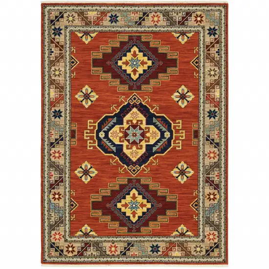 Red Gold Blue Brown Oriental Power Loom Stain Resistant Area Rug With Fringe Photo 1