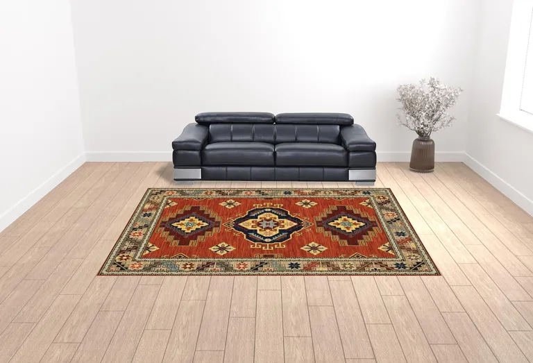 Red Gold Blue Brown Oriental Power Loom Stain Resistant Area Rug With Fringe Photo 2