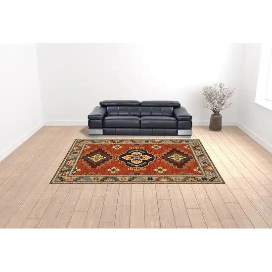 Red Gold Blue Brown Oriental Power Loom Stain Resistant Area Rug With Fringe Photo 2