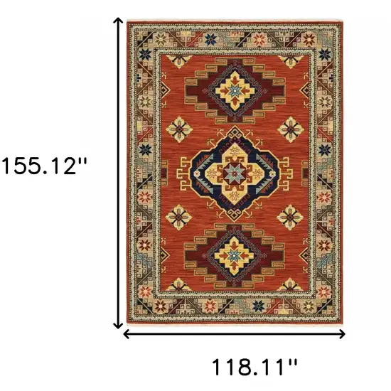 Red Gold Blue Brown Oriental Power Loom Stain Resistant Area Rug With Fringe Photo 8