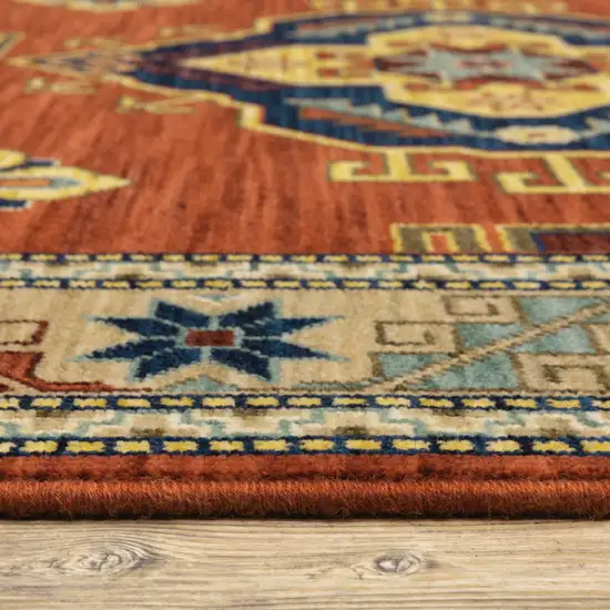 Red Gold Blue Brown Oriental Power Loom Stain Resistant Runner Rug With Fringe Photo 3