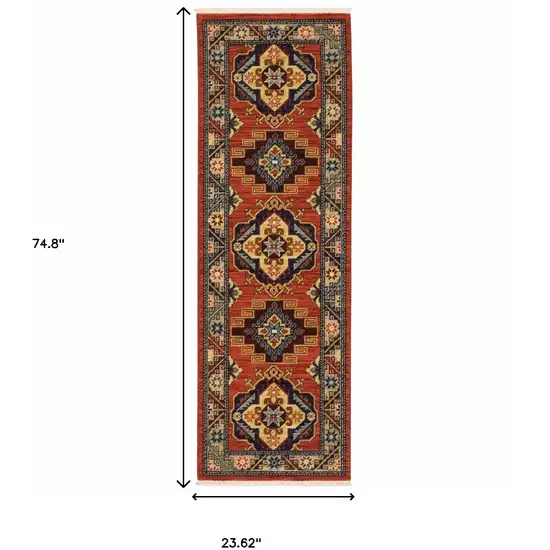 Red Gold Blue Brown Oriental Power Loom Stain Resistant Runner Rug With Fringe Photo 7