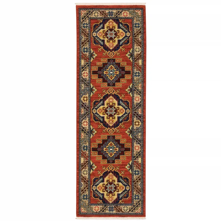 Red Gold Blue Brown Oriental Power Loom Stain Resistant Runner Rug With Fringe Photo 1