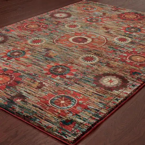 Red Gold Orange Green Ivory Rust And Blue Floral Power Loom Stain Resistant Area Rug Photo 4