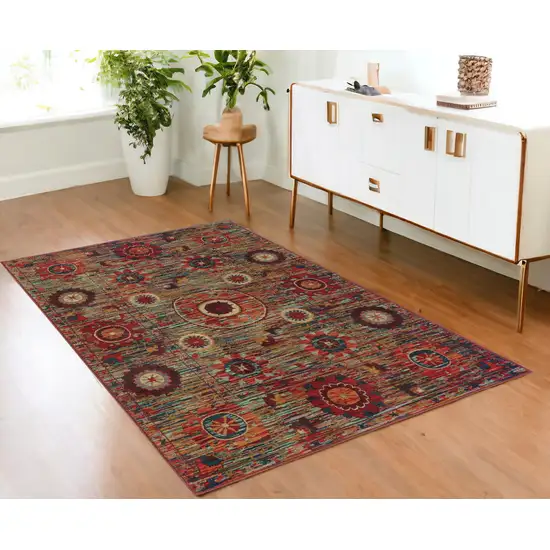 Red Gold Orange Green Ivory Rust And Blue Floral Power Loom Stain Resistant Area Rug Photo 1