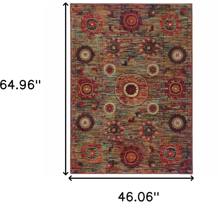 Red Gold Orange Green Ivory Rust And Blue Floral Power Loom Stain Resistant Area Rug Photo 5