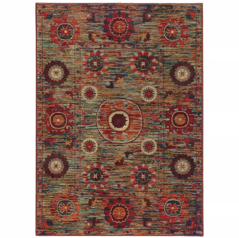 Red Gold Orange Green Ivory Rust And Blue Floral Power Loom Stain Resistant Area Rug Photo 1