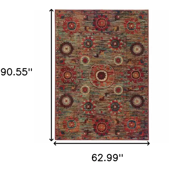 Red Gold Orange Green Ivory Rust And Blue Floral Power Loom Stain Resistant Area Rug Photo 5