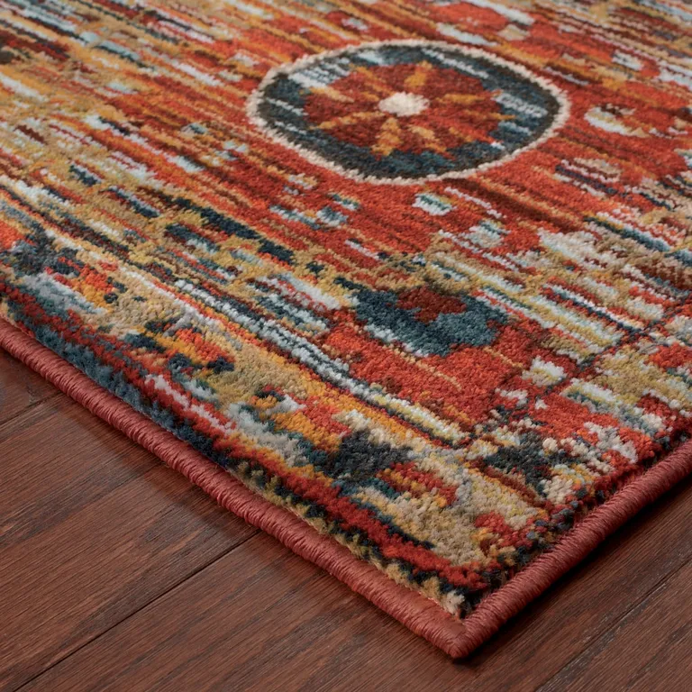 Red Gold Orange Green Ivory Rust And Blue Floral Power Loom Stain Resistant Area Rug Photo 3