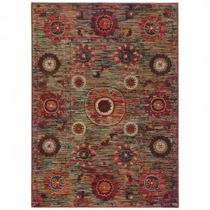 Photo of Red Gold Orange Green Ivory Rust And Blue Floral Power Loom Stain Resistant Area Rug