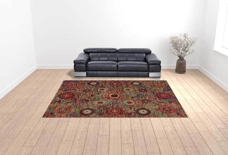 Red Gold Orange Green Ivory Rust And Blue Floral Power Loom Stain Resistant Area Rug Photo 2