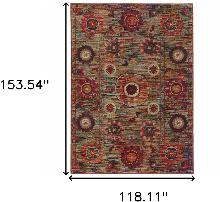 Red Gold Orange Green Ivory Rust And Blue Floral Power Loom Stain Resistant Area Rug Photo 5