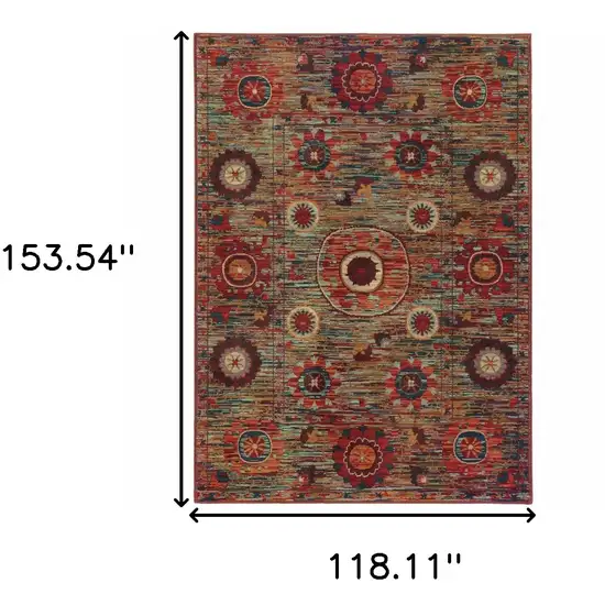 Red Gold Orange Green Ivory Rust And Blue Floral Power Loom Stain Resistant Area Rug Photo 5