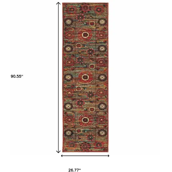 Red Gold Orange Green Ivory Rust And Blue Floral Power Loom Stain Resistant Runner Rug Photo 5