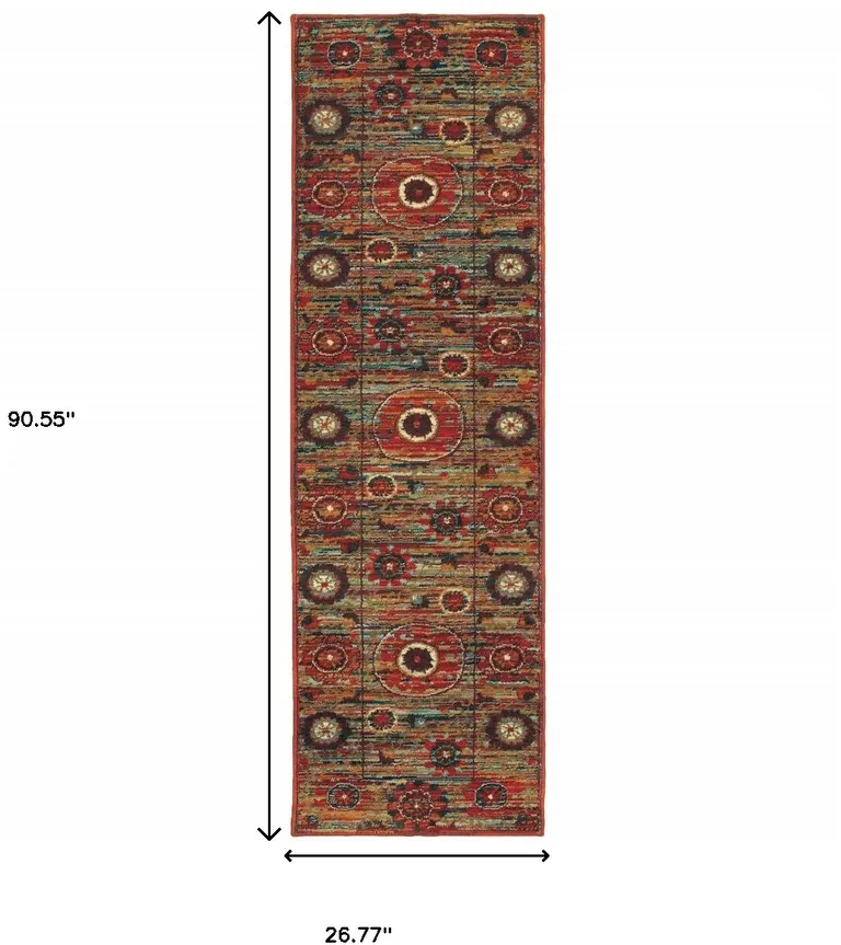 Red Gold Orange Green Ivory Rust And Blue Floral Power Loom Stain Resistant Runner Rug Photo 5