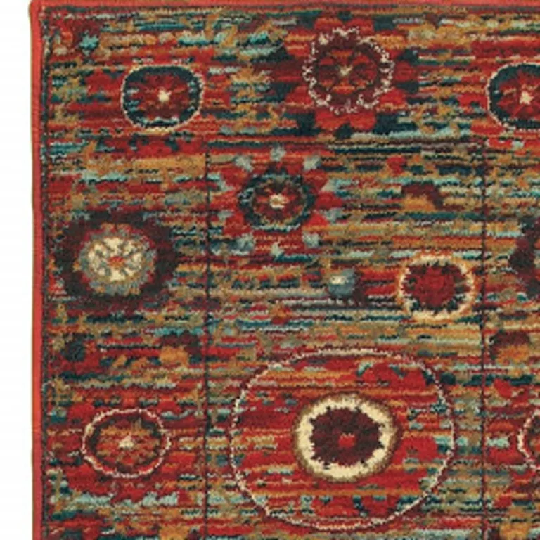 Red Gold Orange Green Ivory Rust And Blue Floral Power Loom Stain Resistant Runner Rug Photo 3