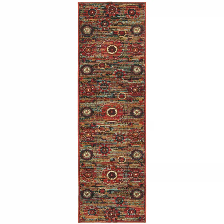 Red Gold Orange Green Ivory Rust And Blue Floral Power Loom Stain Resistant Runner Rug Photo 1