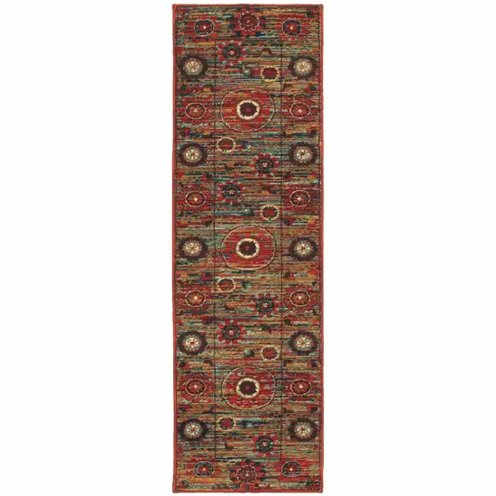 Red Gold Orange Green Ivory Rust And Blue Floral Power Loom Stain Resistant Runner Rug Photo 1