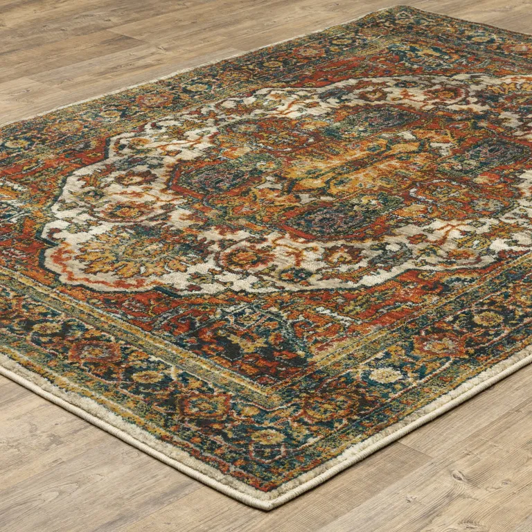 Red Gold Orange Green Ivory Rust And Blue Oriental Power Loom Stain Resistant Area Rug Photo 5