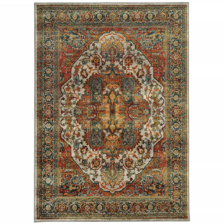 Red Gold Orange Green Ivory Rust And Blue Oriental Power Loom Stain Resistant Area Rug Photo 1