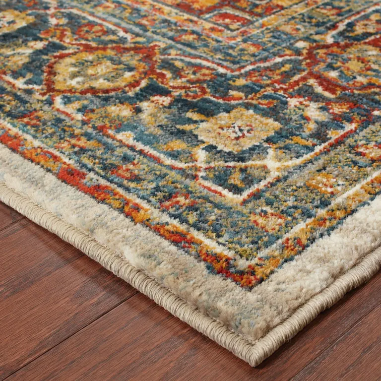 Red Gold Orange Green Ivory Rust And Blue Oriental Power Loom Stain Resistant Runner Rug Photo 5