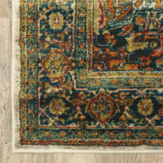 Red Gold Orange Green Ivory Rust And Blue Oriental Power Loom Stain Resistant Runner Rug Photo 9