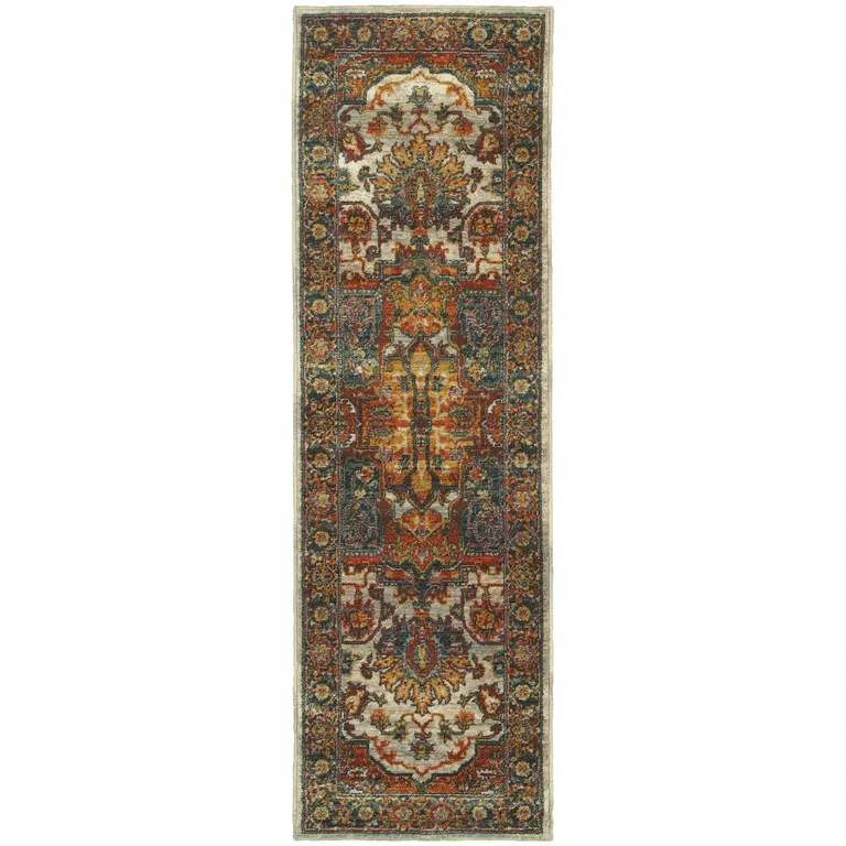 Red Gold Orange Green Ivory Rust And Blue Oriental Power Loom Stain Resistant Runner Rug Photo 1