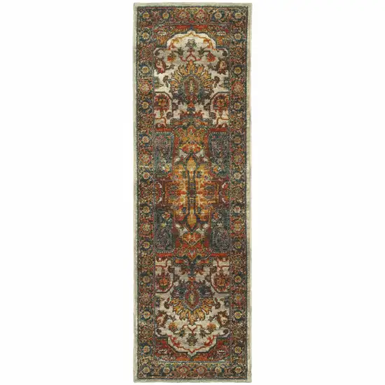 Red Gold Orange Green Ivory Rust And Blue Oriental Power Loom Stain Resistant Runner Rug Photo 2