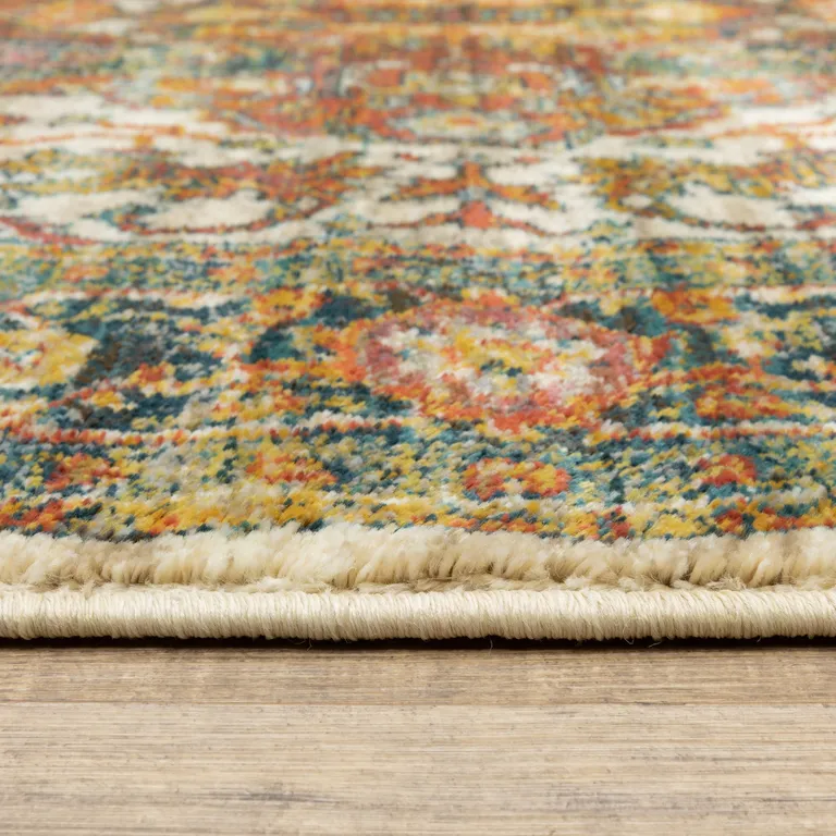 Red Gold Orange Green Ivory Rust And Blue Oriental Power Loom Stain Resistant Runner Rug Photo 3