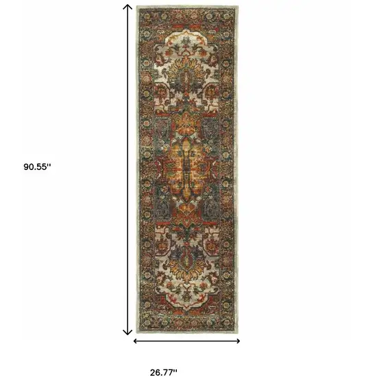 Red Gold Orange Green Ivory Rust And Blue Oriental Power Loom Stain Resistant Runner Rug Photo 9