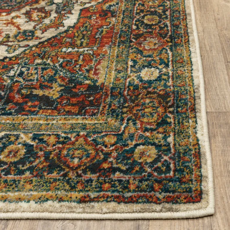 Red Gold Orange Green Ivory Rust And Blue Oriental Power Loom Stain Resistant Runner Rug Photo 4