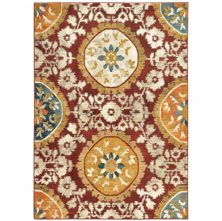 Red Gold Teal Grey Ivory And Blue Oriental Power Loom Stain Resistant Area Rug Photo 1